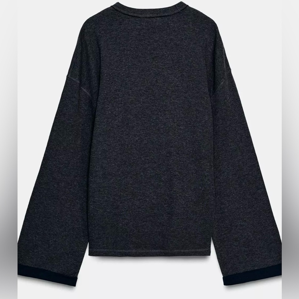 ZARA Anthracite Gray Cotton Knit Black Trim Sweater Large NWT - Picture 3 of 13